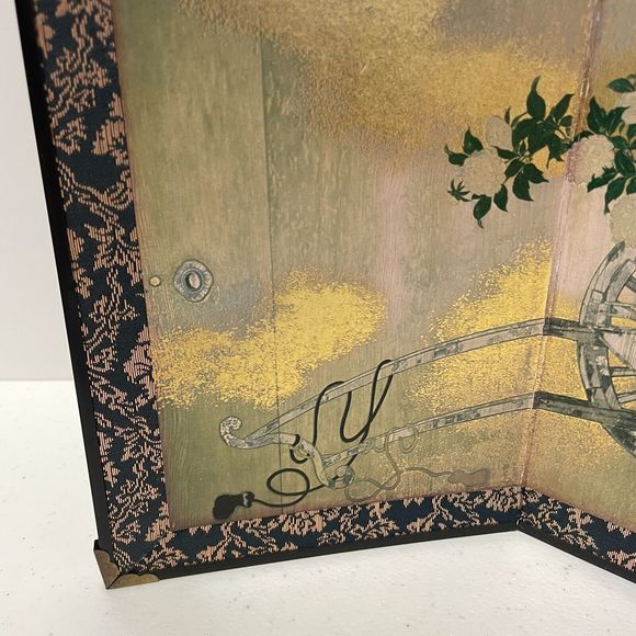Japanese Folding Screen Flower Cart Painting 2-panel With Gold Fabric Trim 10x8 - Picture 3 of 8